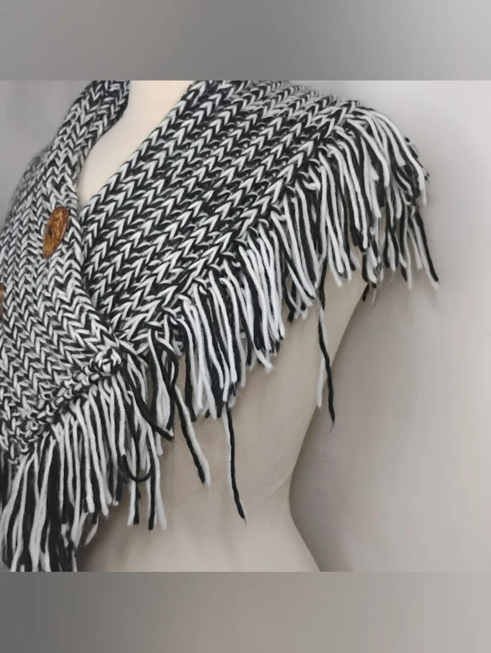 Women's Black & White Fringe Soft Warm Woven Crochet Knit Shawl Wooden Buttons